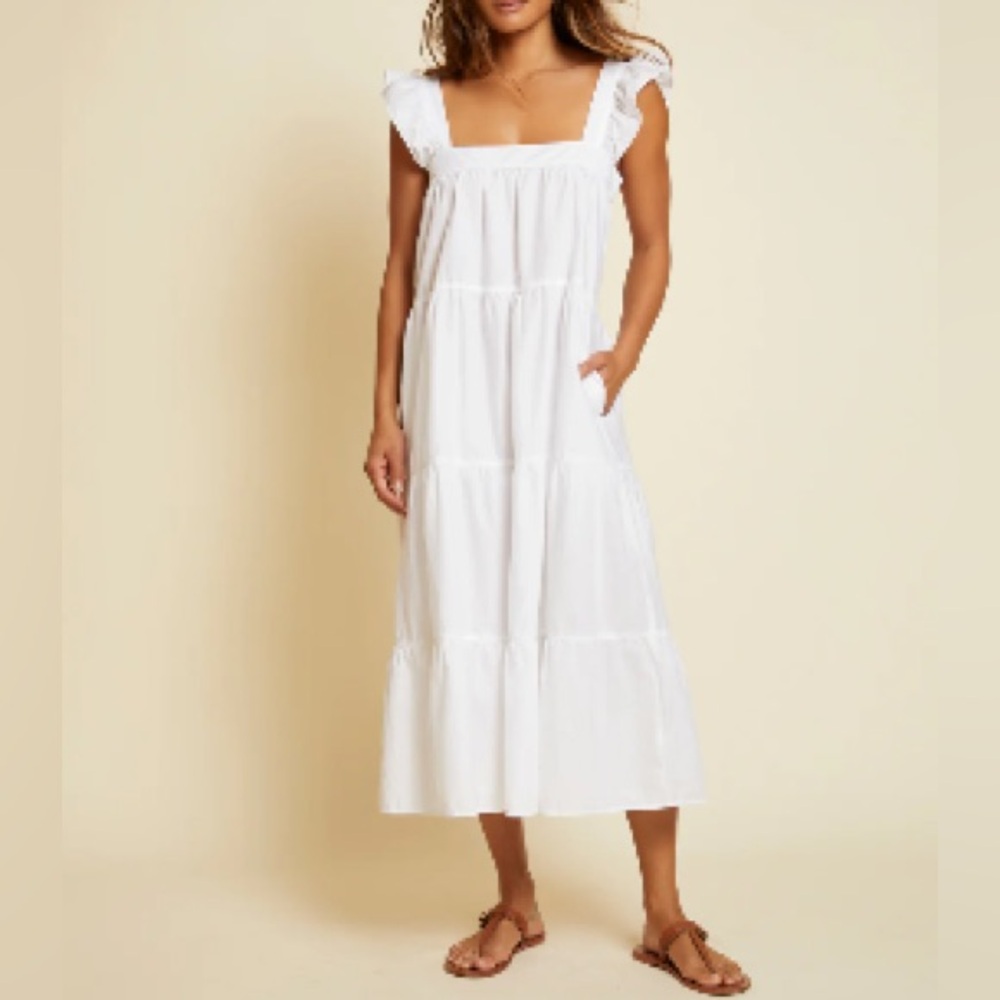 Nation LTD White Tiered Midi Dress with Ruffled Straps